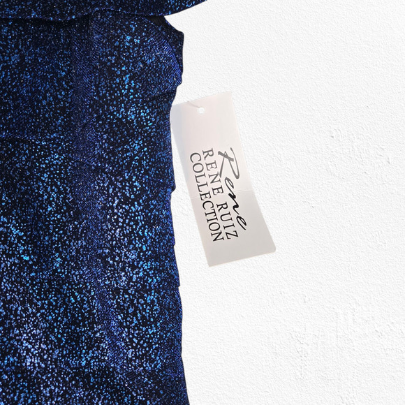 Rene Ruiz Collection Blue Black Off the Shoulder Tiered Ruffle Midi Dress Size 8 - Picture 6 of 13